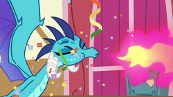 Size: 1280x720 | Tagged: safe, screencap, princess ember, dragon, g4, triple threat, confetti, dragoness, eyes closed, female, fire, fire breath, pink fire, sneezing, solo, streamers