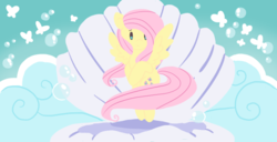 Size: 800x409 | Tagged: safe, artist:nomnomuchan, fluttershy, butterfly, pony, g4, bipedal, bubble, cloud, female, long mane, looking at you, reference, smiling, solo, spread wings, the birth of venus, wings