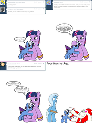 Size: 1204x1604 | Tagged: safe, artist:dekomaru, trixie, twilight sparkle, oc, oc:astra, oc:nebula, pony, tumblr:ask twixie, g4, ask, bipedal, boop, colt, dexterous hooves, female, lesbian, magical lesbian spawn, male, offspring, parent:trixie, parent:twilight sparkle, parents:twixie, pregnant, rolling pin, ship:twixie, shipping, tumblr