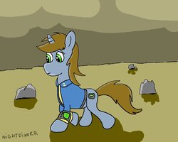 Size: 1000x800 | Tagged: safe, artist:amateur-draw, oc, oc only, oc:littlepip, pony, unicorn, fallout equestria, clothes, fanfic, fanfic art, female, jumpsuit, mare, ms paint, pipbuck, solo, vault suit, walking, wasteland