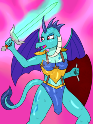 Size: 1600x2133 | Tagged: safe, artist:susanzx2000, princess ember, dragon, anthro, g4, armor, dragon lord ember, dragoness, female, shield, solo, sword, tsundember, tsundere, weapon