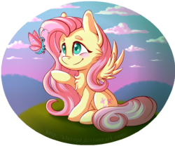 Size: 5400x4500 | Tagged: safe, artist:klarapl, fluttershy, butterfly, pegasus, pony, g4, absurd resolution, blushing, chest fluff, cute, female, looking at something, mare, raised hoof, shyabetes, sitting, smiling, solo, spread wings, wings