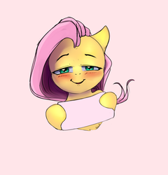 Size: 1400x1460 | Tagged: safe, artist:miokomata, fluttershy, pony, g4, bedroom eyes, blushing, cute, cute little fangs, exploitable, exploitable meme, fangs, female, looking at you, mare, meme, sign, smiling, solo