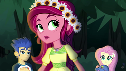 Size: 1280x720 | Tagged: safe, screencap, flash sentry, fluttershy, gloriosa daisy, equestria girls, g4, my little pony equestria girls: legend of everfree, magical geodes
