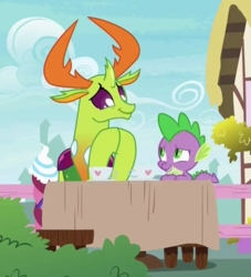 Size: 641x705 | Tagged: safe, screencap, spike, thorax, changedling, changeling, dragon, g4, triple threat, cup, king thorax, shipping fuel, table, teacup