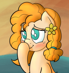 Size: 1900x2000 | Tagged: safe, artist:ashtoneer, pear butter, earth pony, pony, g4, the perfect pear, blushing, boop, bust, female, portrait, self-boop, solo