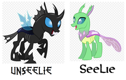 Size: 1060x676 | Tagged: safe, frenulum (g4), changedling, changeling, g4, checkered background, comparison, fae, open mouth, raised hoof, seelie, unseelie