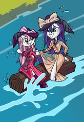 Size: 1756x2554 | Tagged: safe, artist:art-2u, rarity, sweetie belle, equestria girls, g4, ppov, boots, clothes, commission, costume, dress, duo, female, grin, hat, log, looking at each other, nervous, nervous smile, raristocrat, riding, river, rose dewitt bukater, shoes, sisters, smiling, soaked, titanic, wet, wet clothes, wet hair