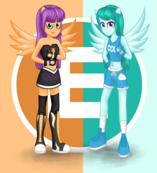 Size: 3296x3634 | Tagged: safe, artist:deannaphantom13, cold forecast, ginger owlseye, equestria girls, g4, background human, belly button, clothes, commission, duo, duo female, exeron fighters, exeron gloves, female, fingerless gloves, gloves, high res, looking at you, midriff, ponied up, skirt, smiling, sports bra, sports shorts, tank top, tube top