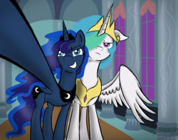 Size: 2988x2364 | Tagged: safe, artist:oinktweetstudios, princess celestia, princess luna, alicorn, pony, g4, duo, eclipse, female, high res, mare, royal sisters, selfie, siblings, sisters