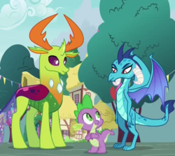 Size: 691x617 | Tagged: safe, screencap, princess ember, spike, thorax, changedling, changeling, dragon, g4, triple threat, friendship, king thorax