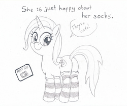 Size: 3066x2552 | Tagged: safe, artist:friendshipishorses, trixie, pony, unicorn, g4, clothes, dialogue, female, grayscale, high res, mare, monochrome, socks, solo, striped socks, traditional art