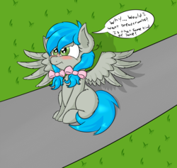 Size: 1304x1235 | Tagged: safe, artist:laptopbrony, oc, oc only, oc:darcy sinclair, pony, blushing, chest fluff, dialogue, fluffy, frown, scrunchy face, solo, spread wings, wings