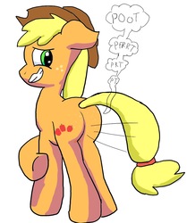 Size: 1059x1269 | Tagged: safe, artist:platypus-the-pony, applejack, earth pony, pony, g4, butt, butt freckles, fart, fart noise, female, freckles, mare, onomatopoeia, plot, solo, sound effects