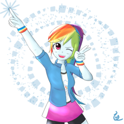 Size: 4000x4000 | Tagged: safe, artist:yinglung, rainbow dash, equestria girls, g4, clothes, female, one eye closed, skirt, solo, wink