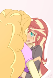 Size: 690x1003 | Tagged: safe, artist:yuck, adagio dazzle, sunset shimmer, equestria girls, g4, my little pony equestria girls: rainbow rocks, blushing, clothes, female, lesbian, nervous, rear view, ship:sunsagio, shipping, shy