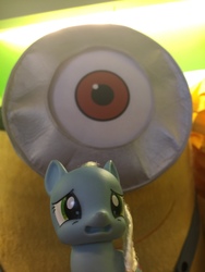 Size: 960x1280 | Tagged: safe, artist:concernedpony, cyclops, pony, behind you, bootleg, concerned pony, despicable me, eye, irl, looming, minions, monocle, photo, stuart (minion), toy