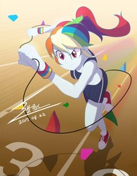 Size: 743x953 | Tagged: safe, artist:bluse, rainbow dash, equestria girls, g4, alternate hairstyle, clothes, converse, female, ponytail, running, shoes, shorts, show accurate, smiling, sneakers, solo, sports bra, sports shorts