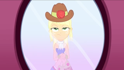 Size: 1136x640 | Tagged: safe, screencap, applejack, equestria girls, g4, make up shake up, my little pony equestria girls: summertime shorts, bare shoulders, bored, clothes, fall formal outfits, female, flower, hat, mirror, offscreen character, pov, rose, scarf, sleeveless, strapless