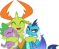 Size: 5000x4158 | Tagged: safe, artist:dashiesparkle, princess ember, spike, thorax, changedling, changeling, dragon, g4, triple threat, .svg available, absurd resolution, group hug, hug, king thorax, simple background, transparent background, vector