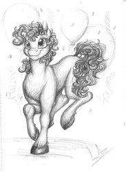 Size: 1024x1402 | Tagged: safe, artist:lupiarts, pinkie pie, earth pony, pony, g4, female, grayscale, mare, monochrome, sketch, smiling, solo, traditional art