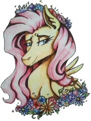 Size: 1701x2249 | Tagged: safe, artist:monnarcha, fluttershy, pony, g4, female, flower, flower in hair, hoers, mare, simple background, smiling, solo, traditional art, transparent background