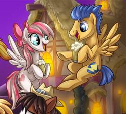 Size: 960x869 | Tagged: safe, artist:sciggles, angel wings, flash sentry, trouble shoes, pegasus, pony, g4, best friends, cider, cropped, female, flying, male, mare, stallion
