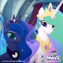 Size: 1200x1200 | Tagged: safe, edit, princess celestia, princess luna, alicorn, pony, g4, my little pony: the movie, duo, female, folded wings, happy, lidded eyes, looking at you, mare, my little pony logo, smiling