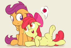 Size: 1280x853 | Tagged: safe, artist:dtcx97, apple bloom, scootaloo, earth pony, pegasus, pony, g4, apple, belly button, cute, female, filly, floppy ears, food, lesbian, open mouth, ship:scootabloom, shipping, simple background, smiling, underhoof, white background