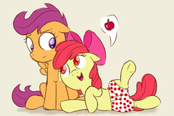 Size: 1280x853 | Tagged: safe, artist:dtcx97, edit, apple bloom, scootaloo, earth pony, pegasus, pony, g4, boxers, clothes, cute, female, filly, floppy ears, lesbian, open mouth, polka dot underwear, ship:scootabloom, shipping, simple background, underwear, white background