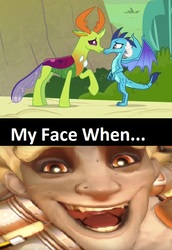 Size: 563x816 | Tagged: safe, edit, edited screencap, screencap, princess ember, thorax, changedling, changeling, dragon, g4, triple threat, cropped, cute, dragon lord ember, female, interspecies, junkrat, king thorax, male, meme, now kiss, overwatch, ship:embrax, shipping, smiling, straight, text