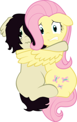 Size: 1000x1594 | Tagged: safe, artist:cinderfall, fluttershy, oc, oc:floor bored, earth pony, pegasus, pony, g4, duo, fear hug, female, floppy ears, hug, looking at you, mare, scared, simple background, transparent background, vector, winghug