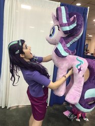 Size: 1536x2048 | Tagged: safe, artist:equinepalette, artist:sarahndipity cosplay, starlight glimmer, human, pony, unicorn, bronycon, bronycon 2017, g4, clothes, cosplay, costume, female, irl, irl human, life size, mare, photo, plushie, skirt, solo
