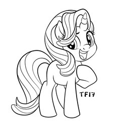 Size: 600x600 | Tagged: safe, artist:trish forstner, starlight glimmer, pony, unicorn, g4, black and white, cute, female, glimmerbetes, grayscale, lineart, mare, monochrome, open mouth, raised hoof, simple background, solo, white background