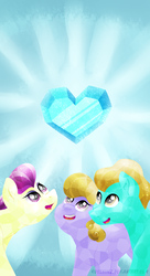 Size: 1734x3189 | Tagged: safe, artist:ruushiicz, amber waves, bright smile, castle (crystal pony), fleur de verre, crystal pony, pony, g4, background pony, crystal heart, female, looking up, male, mare, smiling, stallion