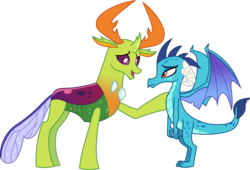 Size: 6553x4443 | Tagged: safe, artist:pink1ejack, princess ember, thorax, changedling, changeling, dragon, g4, triple threat, absurd resolution, comforting, dragoness, female, king thorax, simple background, smiling, transparent background, vector