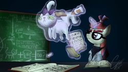 Size: 6400x3600 | Tagged: safe, artist:theravencriss, moondancer, opalescence, cat, pony, unicorn, g4, atg 2017, bread, buttered cat paradox, buttered toast, chalkboard, female, food, glasses, glue, levitation, magic, mare, newbie artist training grounds, telekinesis, theory, toast