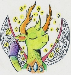 Size: 510x543 | Tagged: safe, artist:kuroneko, derpibooru exclusive, thorax, changedling, changeling, g4, bust, colored pencil drawing, eyes closed, fabulous, horns, insect wings, king thorax, king thorax the fabulous, male, simple background, solo, sparkles, traditional art, white background, wings