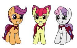 Size: 1024x633 | Tagged: safe, artist:redquoz, apple bloom, scootaloo, sweetie belle, earth pony, pony, g4, cape, clothes, cmc cape, cutie mark crusaders, looking at you, simple background, transparent background
