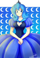 Size: 1304x1896 | Tagged: safe, artist:the-butch-x, princess luna, human, g4, beautiful, breasts, cleavage, clothes, commission, crown, cute, dress, female, gown, humanized, impossibly large dress, looking at you, luna of atlantis, lunabetes, princess, puffy sleeves, regalia, s1 luna, smiling, smiling at you, solo