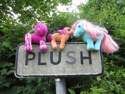 Size: 1800x1350 | Tagged: safe, artist:travelling-my-little-pony, bow tie (g1), cheerilee (g3), sparkleworks, earth pony, pony, g1, g3, irl, merchandise, photo, plushie, road sign, sign, straddling, toy