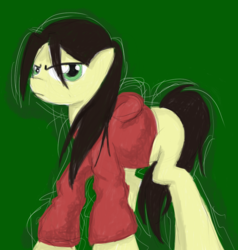 Size: 784x822 | Tagged: safe, artist:tavistradivarius, earth pony, pony, clothes, female, glare, green background, hoodie, left 4 dead, looking at you, mare, ponified, simple background, solo, zoey