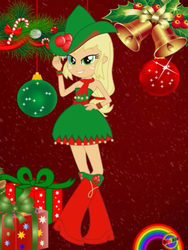 Size: 1536x2048 | Tagged: artist needed, safe, applejack, equestria girls, g4, berry, boots, candy, candy cane, christmas, christmas presents, christmas tree, clothes, cowboy boots, dress, female, food, freckles, hand on hip, holiday, holly, looking at you, ornaments, present, rainbow, shoes, solo, tree