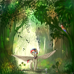 Size: 2080x2081 | Tagged: safe, artist:darkshadowww, oc, oc only, parrot, pegasus, pony, snake, forest, high res, scenery, smiling, solo, spread wings, wings