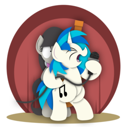 Size: 2480x2467 | Tagged: safe, artist:bobthedalek, dj pon-3, octavia melody, vinyl scratch, earth pony, pony, unicorn, g4, bipedal, cello, eyes closed, female, high res, hoof hold, mare, microphone, musical instrument, simple background, singing, stage, transparent background, vector
