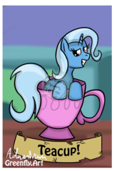 Size: 720x1066 | Tagged: safe, artist:greenfly1993, trixie, pony, unicorn, g4, cup, female, grin, happy, smiling, smirk, solo, teacup, that pony sure does love teacups, watermark