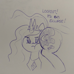 Size: 1210x1210 | Tagged: safe, artist:tjpones, princess celestia, princess luna, alicorn, pony, g4, 2017 solar eclipse, :t, butt, duo, eclipse, monochrome, moonbutt, plot, pun, royal sisters, sketch, solar eclipse, this will end in tears and/or a journey to the moon, traditional art, unamused, visual pun