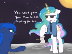 Size: 1024x768 | Tagged: safe, artist:vanillaghosties, princess celestia, princess luna, alicorn, pony, g4, 2017 solar eclipse, atg 2017, clothes, confused, eclipse, female, floppy ears, frown, glare, hoof fluff, hoof hold, levitation, magic, mare, missing accessory, moon, necktie, newbie artist training grounds, on the moon, open mouth, parking ticket, pen, pointing, police, police uniform, raised hoof, shirt, sketch, space, speech bubble, sun, sunglasses, telekinesis, text, ticket