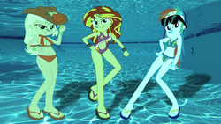 Size: 852x480 | Tagged: safe, artist:sb1991, part of a set, applejack, rainbow dash, sunset shimmer, equestria girls, g4, bedroom eyes, belly button, clothes, lidded eyes, part of a series, pose, request, requested art, story included, swimming pool, swimsuit, underwater, underwater eqg series