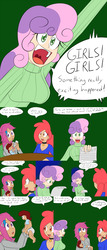 Size: 2400x5600 | Tagged: safe, artist:jake heritagu, apple bloom, scootaloo, sweetie belle, oc, oc:lightning blitz, human, comic:ask motherly scootaloo, g4, baby, baby bottle, clothes, comic, crying, cutie mark crusaders, dialogue, female, hairpin, humanized, humanized oc, male, milk, mother and son, motherly scootaloo, offspring, older, older apple bloom, older scootaloo, older sweetie belle, parent:rain catcher, parent:scootaloo, parents:catcherloo, speech bubble, sweater, sweatshirt